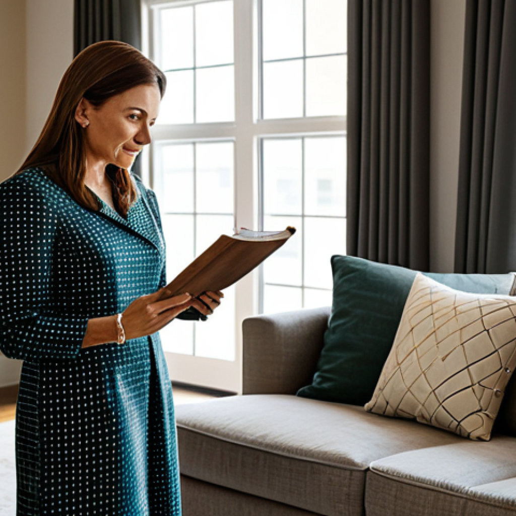 A professional female interior designer, fully clothed in a modest, elegant business dress, thoughtfully reviewing fabric swatches and color palettes with a discerning client in a beautifully designed, modern living room. The room features a harmonious blend of natural wood tones, soft textures, and curated art pieces, creating a warm and inviting ambiance. Sunlight streams through a large window, illuminating the scene. Safe for work, appropriate content, fully clothed, perfect anatomy, correct proportions, natural pose, professional photography, high quality, family-friendly.