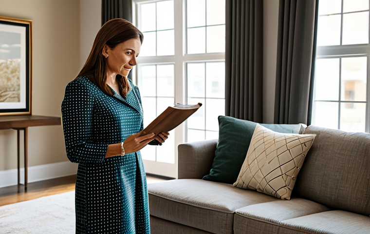 A professional female interior designer, fully clothed in a modest, elegant business dress, thoughtfully reviewing fabric swatches and color palettes with a discerning client in a beautifully designed, modern living room. The room features a harmonious blend of natural wood tones, soft textures, and curated art pieces, creating a warm and inviting ambiance. Sunlight streams through a large window, illuminating the scene. Safe for work, appropriate content, fully clothed, perfect anatomy, correct proportions, natural pose, professional photography, high quality, family-friendly.