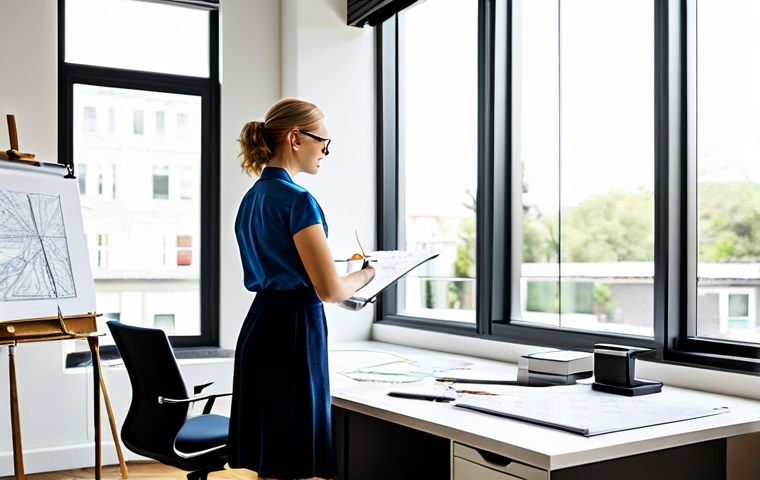 **

A professional interior designer, fully clothed, appropriate attire, sketching a room layout in a modern office. Natural light streams through the window. Safe for work, perfect anatomy, correct proportions, family-friendly, high quality rendering.

**