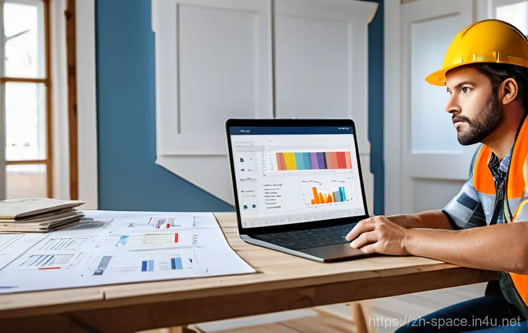 공간디자인 시공 문제 해결 사례 - A modern homeowner, appearing a bit stressed, sitting at a table in a partially renovated living roo...