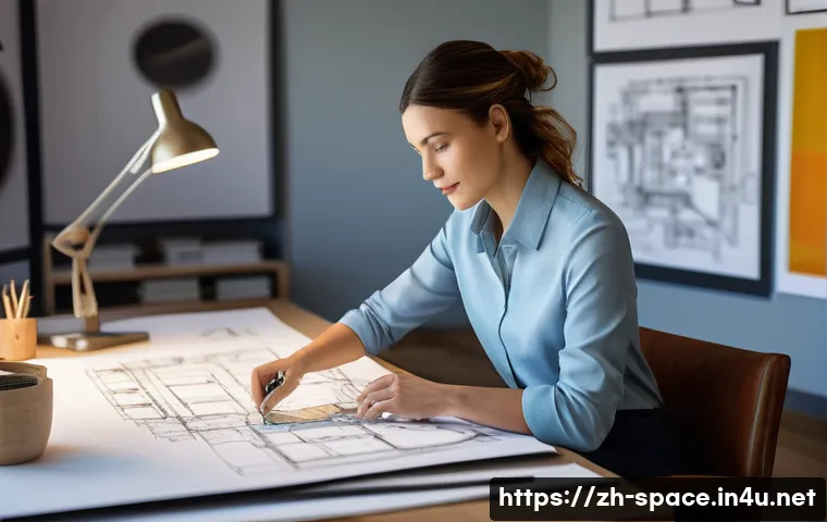 공간디자인의 필수 문서 종류 - **Prompt 1: From Concept to Blueprint**
    "A talented female architect, in her late 30s, is meticu...