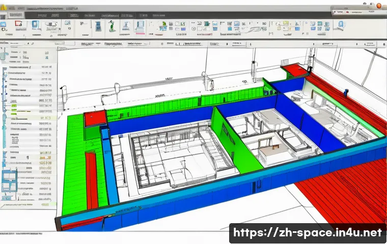 공간디자인 도면 작성 팁 - A highly detailed architectural design workspace showing a large drafting table with layered bluepri...