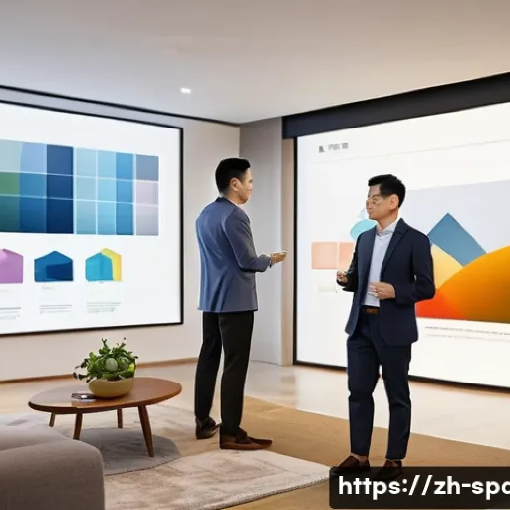 공간디자인 프리젠테이션 스킬 - A modern interior design presentation scene in a bright, spacious room featuring a professional desi...