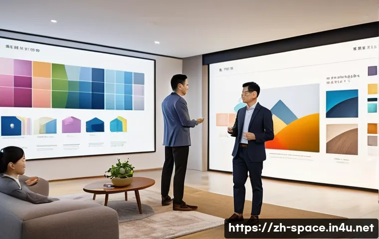 공간디자인 프리젠테이션 스킬 - A modern interior design presentation scene in a bright, spacious room featuring a professional desi...