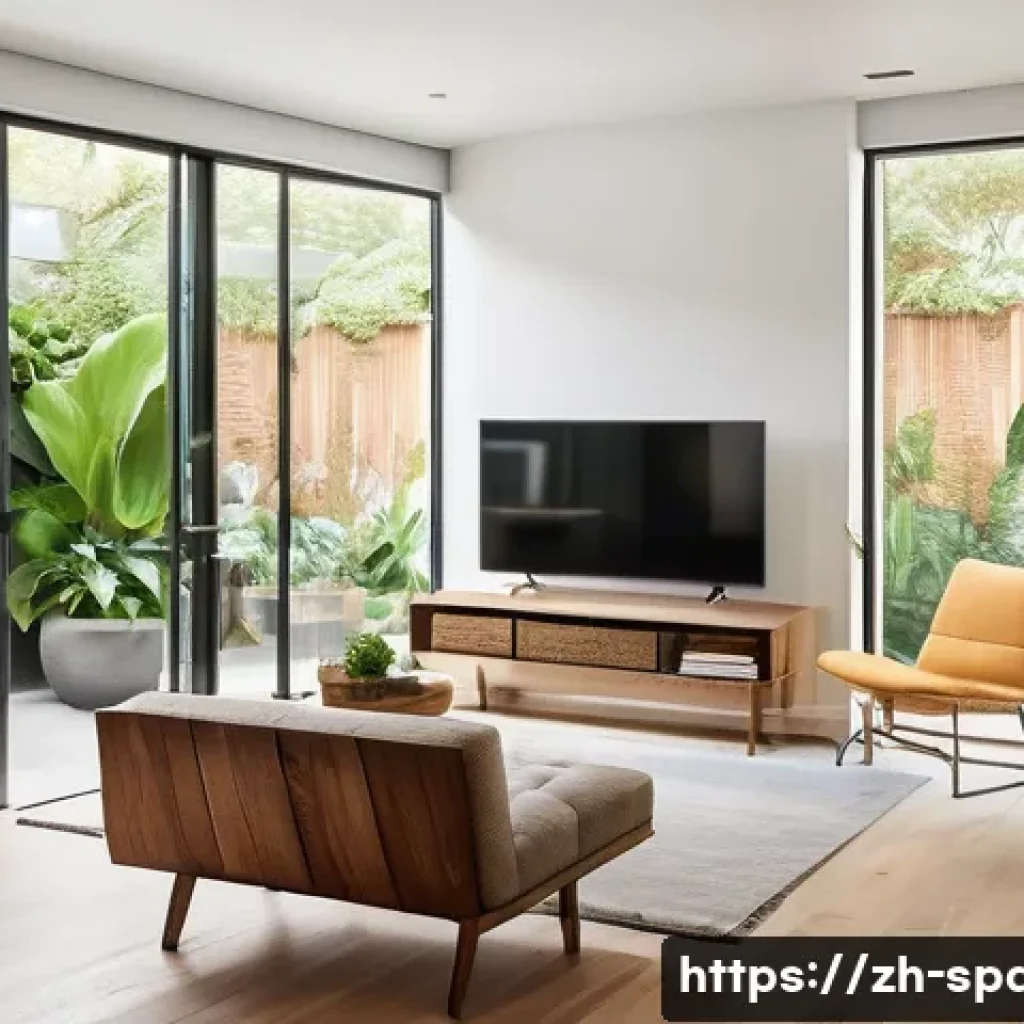 공간디자인의 지속 가능성 트렌드 - A modern interior space showcasing sustainable design: include eco-friendly materials such as low-VO...