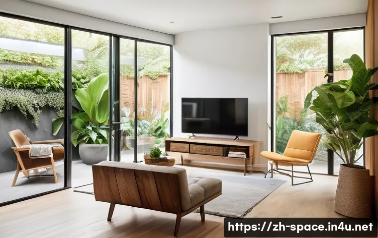 공간디자인의 지속 가능성 트렌드 - A modern interior space showcasing sustainable design: include eco-friendly materials such as low-VO...