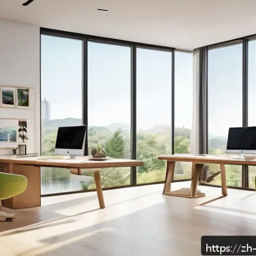 공간디자인 고객 요구 분석 사례 - A modern home office bathed in abundant natural sunlight, featuring a sleek adjustable curtain syste...