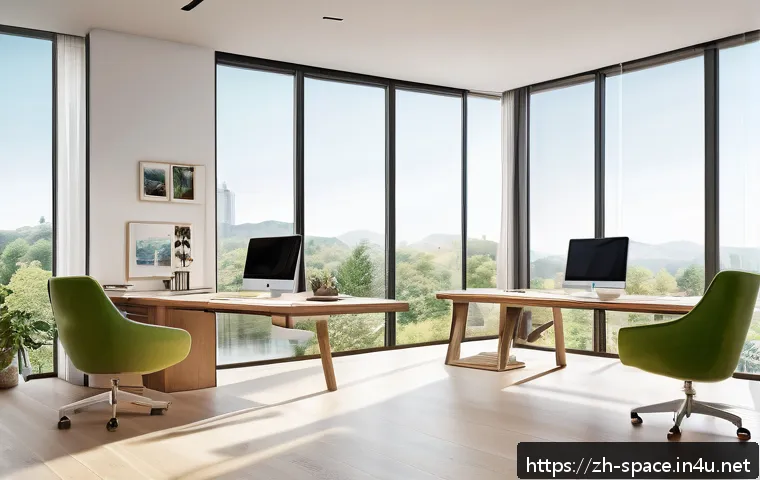 공간디자인 고객 요구 분석 사례 - A modern home office bathed in abundant natural sunlight, featuring a sleek adjustable curtain syste...