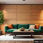 공간디자인 소재와 마감재 선택 가이드 - A modern living room interior featuring a natural wood accent wall with warm, fine textures and a so...