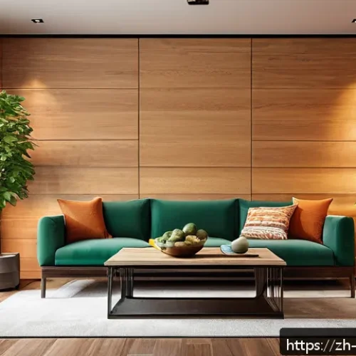 공간디자인 소재와 마감재 선택 가이드 - A modern living room interior featuring a natural wood accent wall with warm, fine textures and a so...