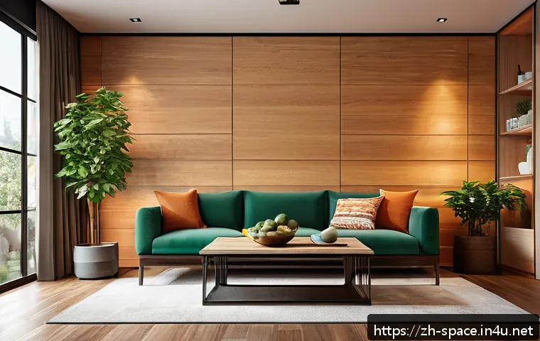 공간디자인 소재와 마감재 선택 가이드 - A modern living room interior featuring a natural wood accent wall with warm, fine textures and a so...