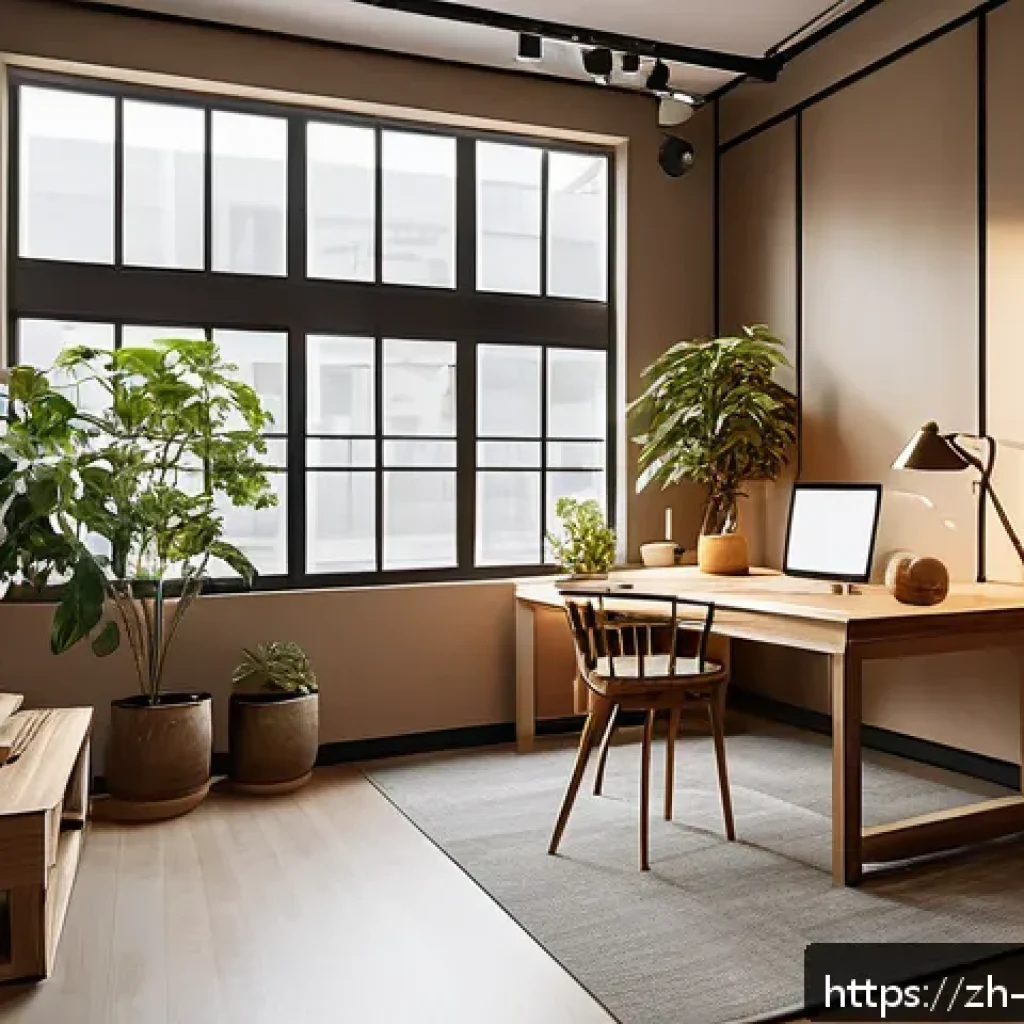 공간디자이너의 자기계발 방법 - A modern interior design studio workspace showcasing a harmonious blend of natural elements and soft...
