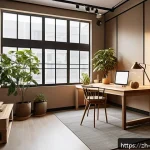 공간디자이너의 자기계발 방법 - A modern interior design studio workspace showcasing a harmonious blend of natural elements and soft...