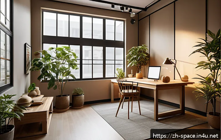 공간디자이너의 자기계발 방법 - A modern interior design studio workspace showcasing a harmonious blend of natural elements and soft...