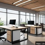 공간디자인 실무에서의 체크리스트 - A modern office interior design scene showing a spacious, well-lit workspace with clearly defined fu...