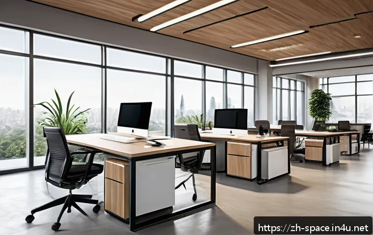 공간디자인 실무에서의 체크리스트 - A modern office interior design scene showing a spacious, well-lit workspace with clearly defined fu...