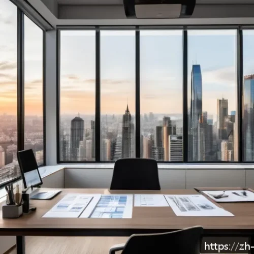 공간디자인 자격증 취득 방법 - A modern urban interior designer's workspace showcasing a sleek office environment with a large desk...