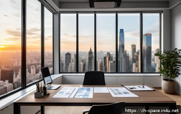 공간디자인 자격증 취득 방법 - A modern urban interior designer's workspace showcasing a sleek office environment with a large desk...