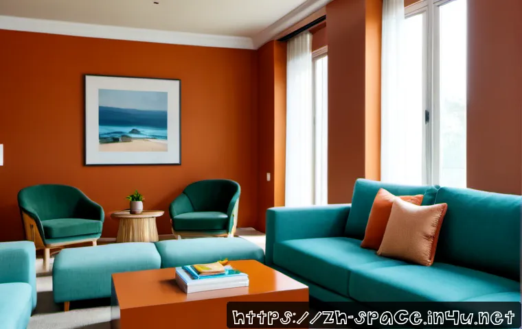 공간디자인 색채 계획과 심리학 - Photorealistic modern living room demonstrating color psychology, a calm blue and soft green seating...